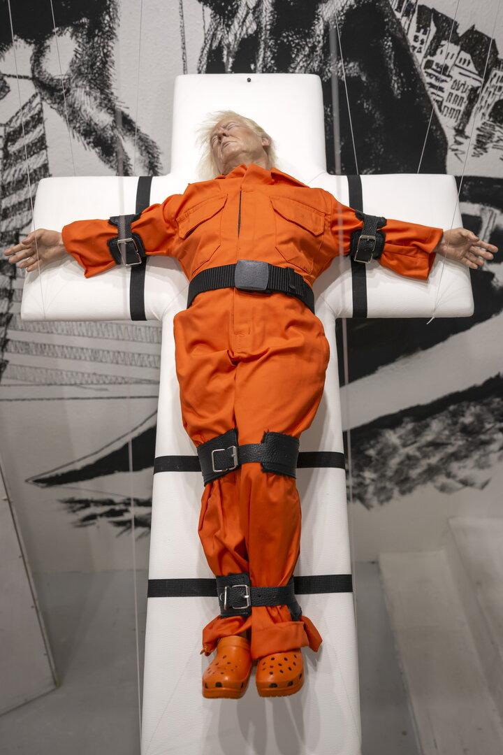 British artist Mason Storm exhibits his sculpture 'Saint or Sinner' in Basel