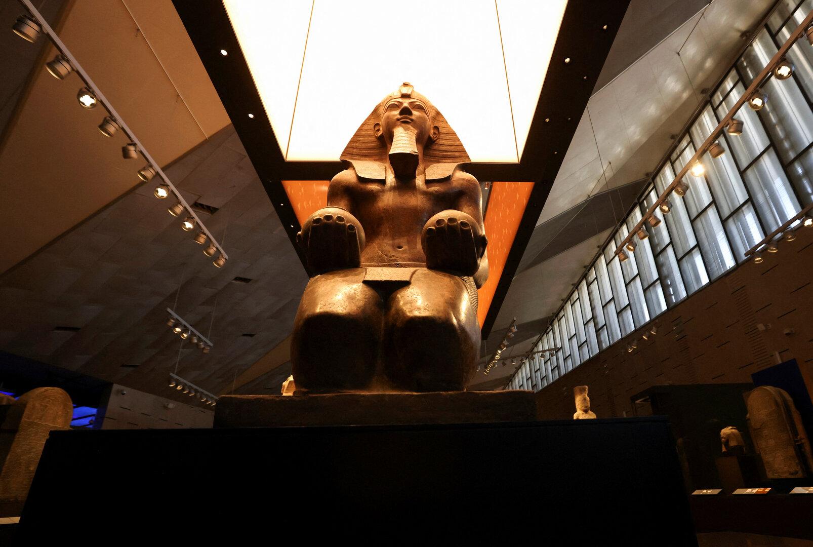 Museum exhibits are displayed at the Grand Egyptian Museum