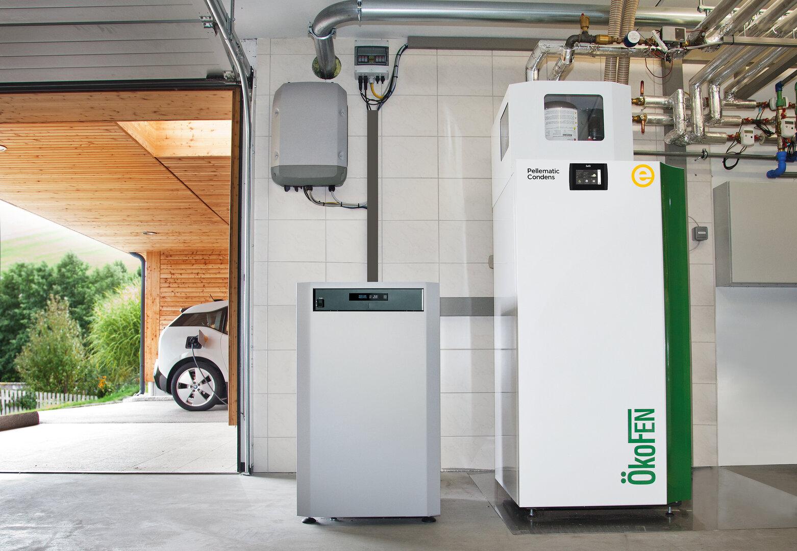 Die Verbindung von Pelletsheizung, Batteriespeicher und E-Auto-Wallbox soll hohe Energieeffizienz bringen. Die Verbindung von Pelletsheizung, Batteriespeicher und E-Auto-Wallbox soll hohe Energieeffizienz bringen.