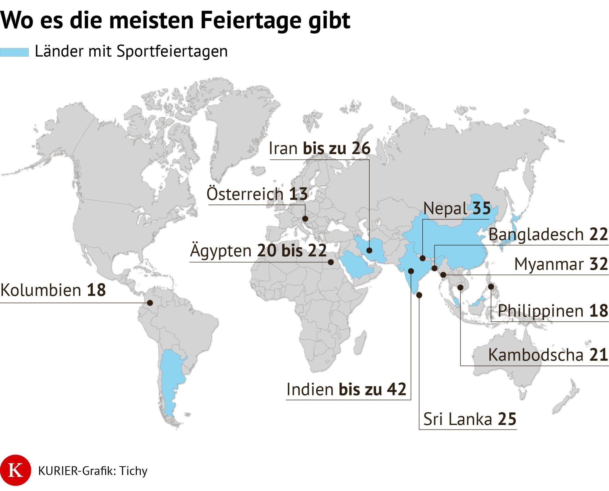Die Weltkarte zeigt Länder mit vielen Feiertagen und solche mit Sport-Feiertagen.