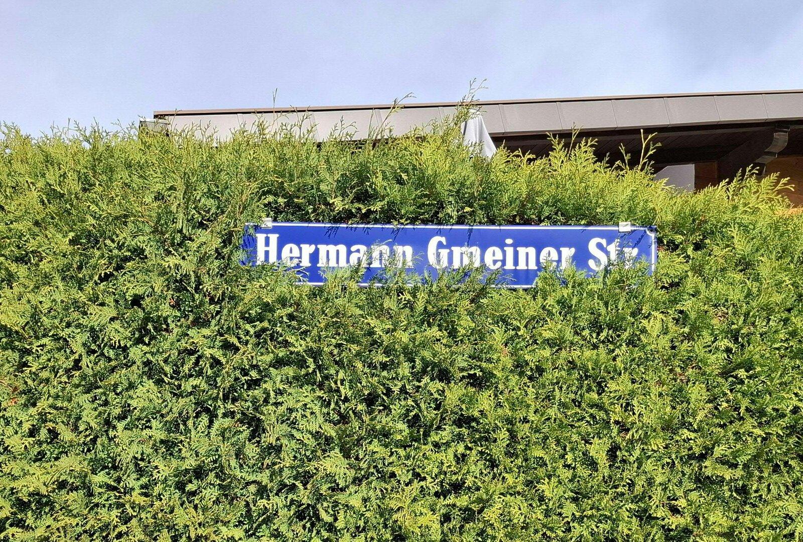 Ein blaues Straßenschild mit der Aufschrift „Hermann Gmeiner Str.“ ist in einer grünen Hecke befestigt.