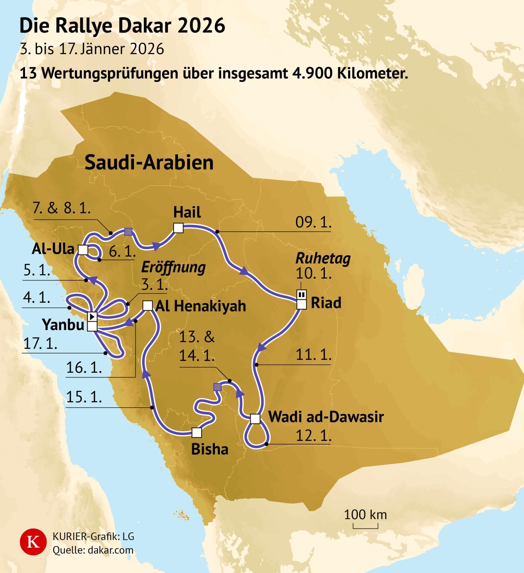Die Routenführung der Rallye Dakar 2026 in einer Grafik
