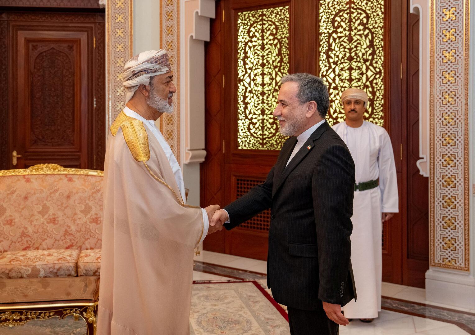 Iranian Foreign Minister Abbas Araqchi meets Sultan of Oman Haitham bin Tariq Al Said at Al Baraka Palace in Muscat