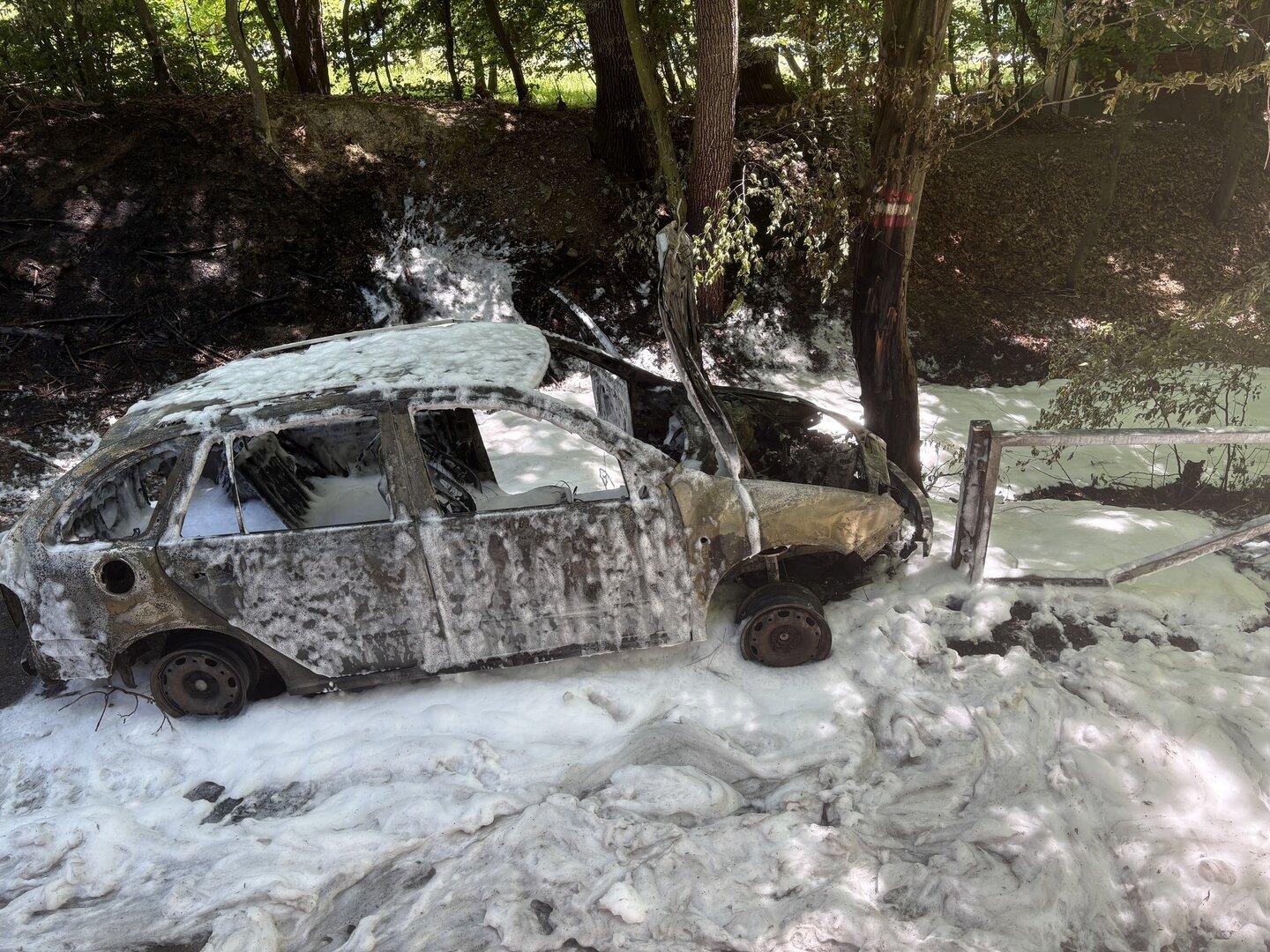 Ausgebranntes Auto mit Löschschaum bedeckt steht neben einem Baum und beschädigtem Geländer im Wald.