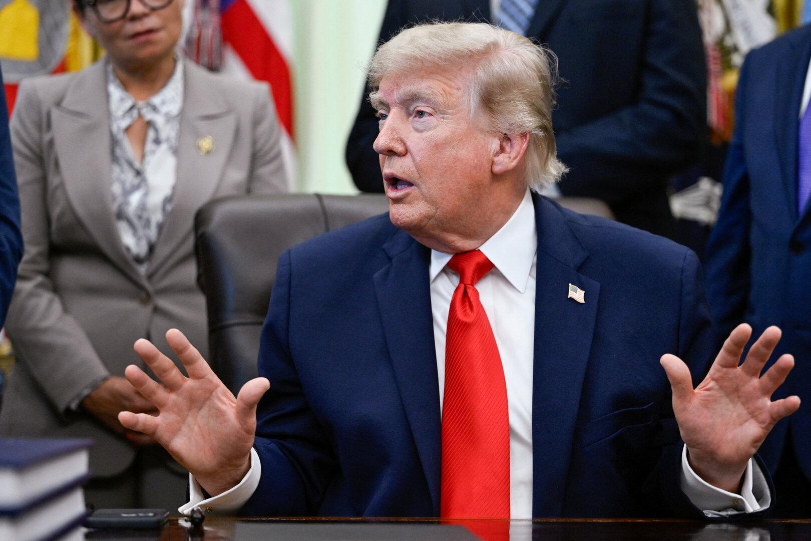 U.S. President Donald Trump speaks in the Oval Office at the White House