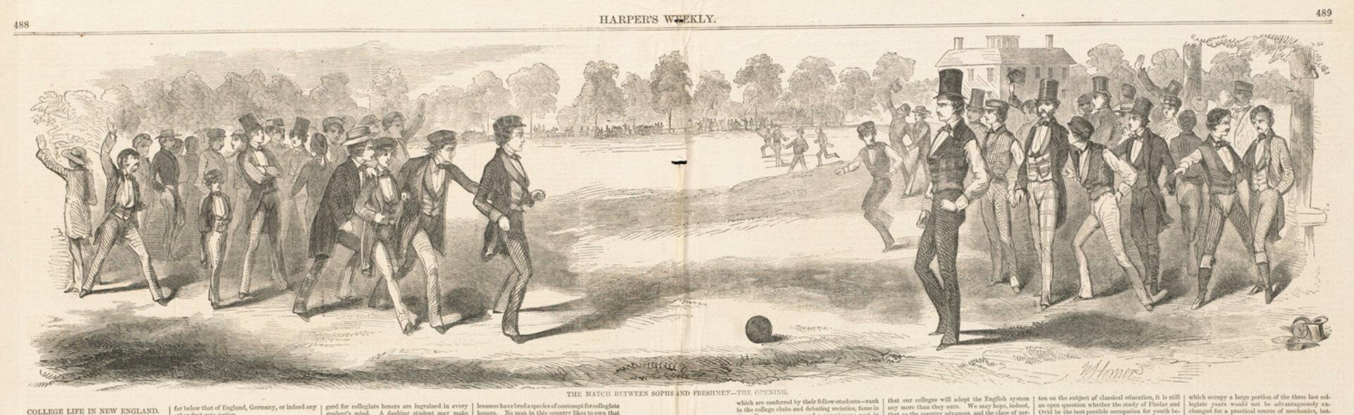 Eine historische Illustration aus Harper's Weekly zeigt ein sportliches Aufeinandertreffen zwischen Studenten der Sophomores und Freshmen.