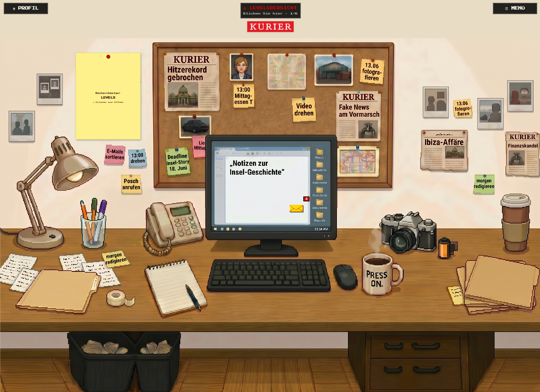 Ein Schreibtisch in Pixel-Art mit einem Computer, einer Pinnwand, Zeitungsartikel, einem Notizblock und vielen anderen Objekten.