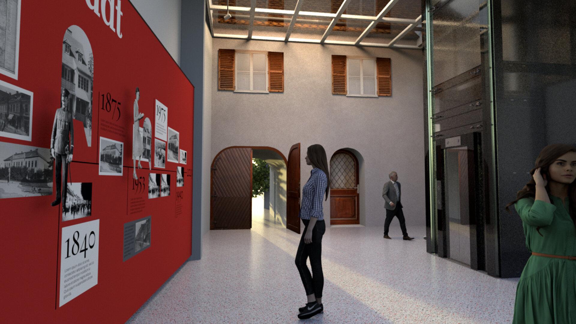 Ausstellungshalle mit roter Chronikwand, historischen Fotos, geöffnetem Tor und mehreren Personen.