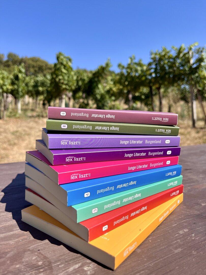 Ein Stapel bunter Bücher der Reihe „Junge Literatur Burgenland“ der edition lex liszt 12 liegt auf einem Holztisch vor einem Weinberg.